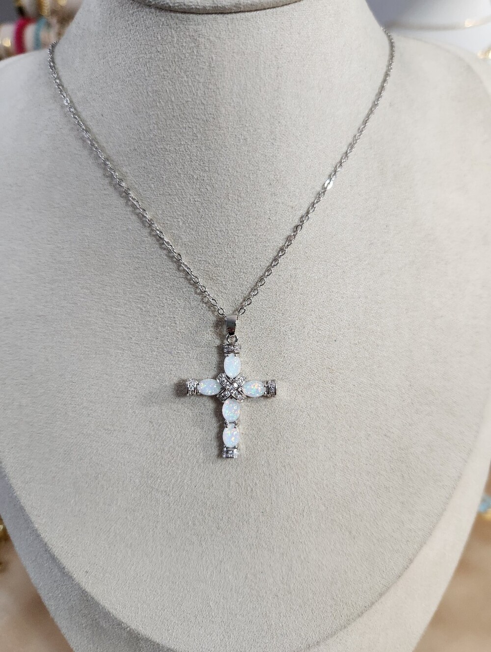 18k White Gold Faux  Opal Cross Necklace